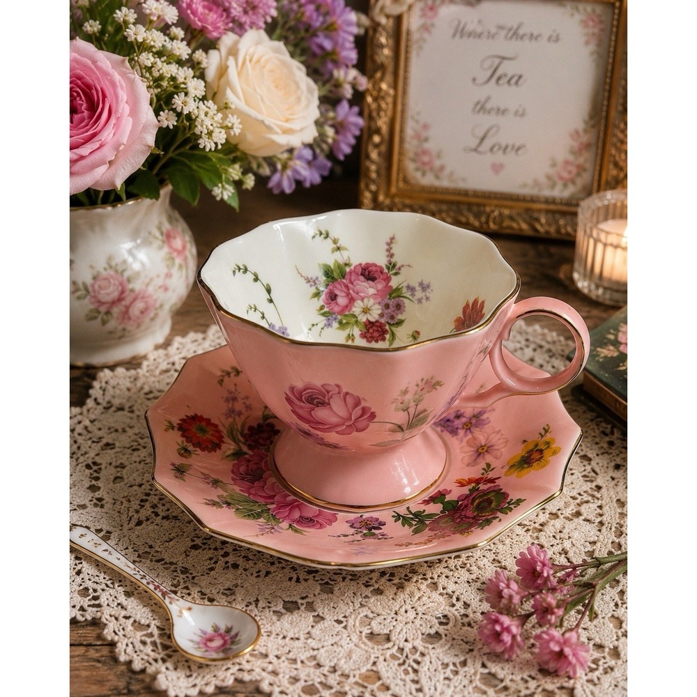 Meritage Pink Floral Teacup & Saucer Scalloped Gold Trim Tea Cup Set 6"